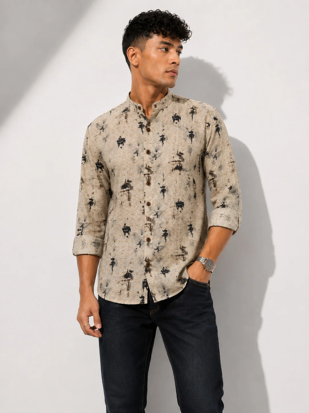Linen Blend Abstract Print Regular Fit Shirt in Beige & Charcoal Black