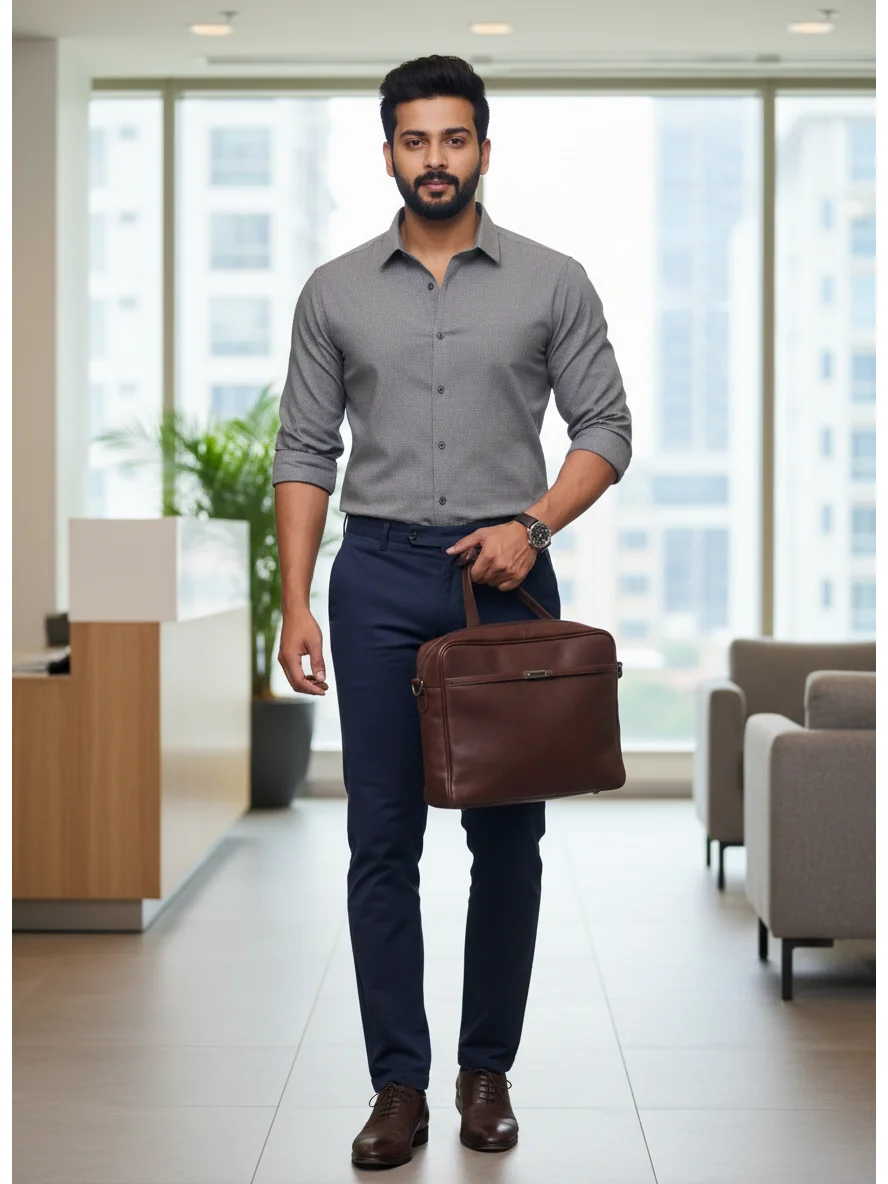 Grey button-down shirt, rolled sleeves, collar visible, worn by a model