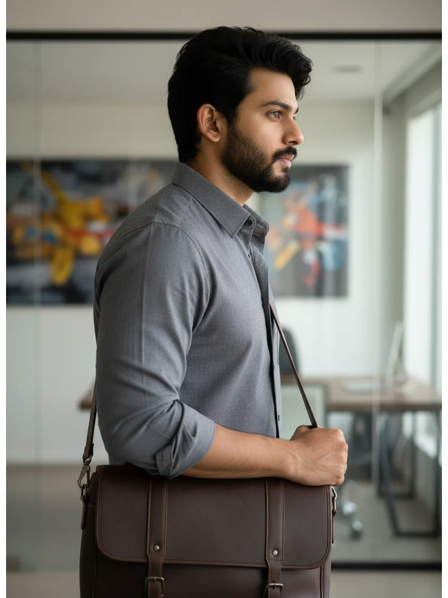 Grey dress shirt, rolled sleeves, collar visible, worn by a model