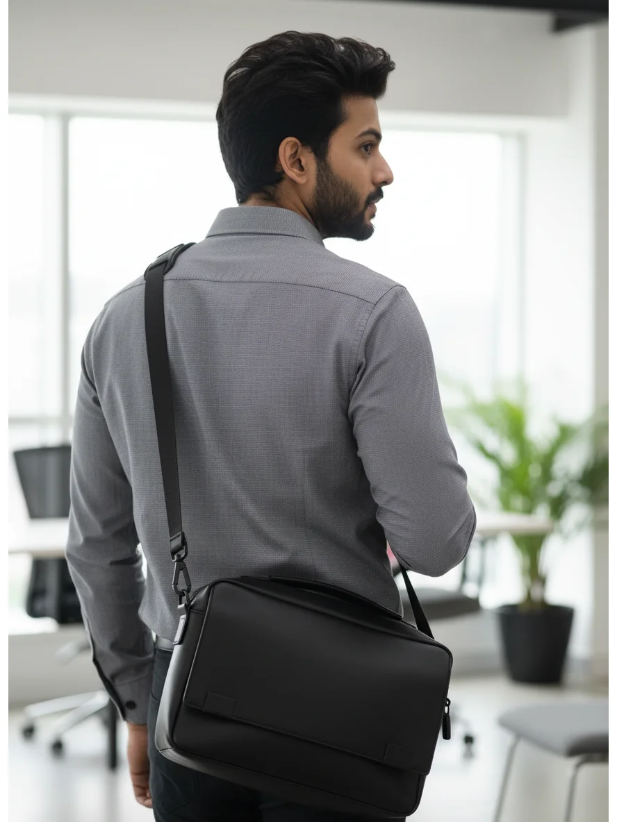 Grey shirt, back view, long sleeves, collar visible