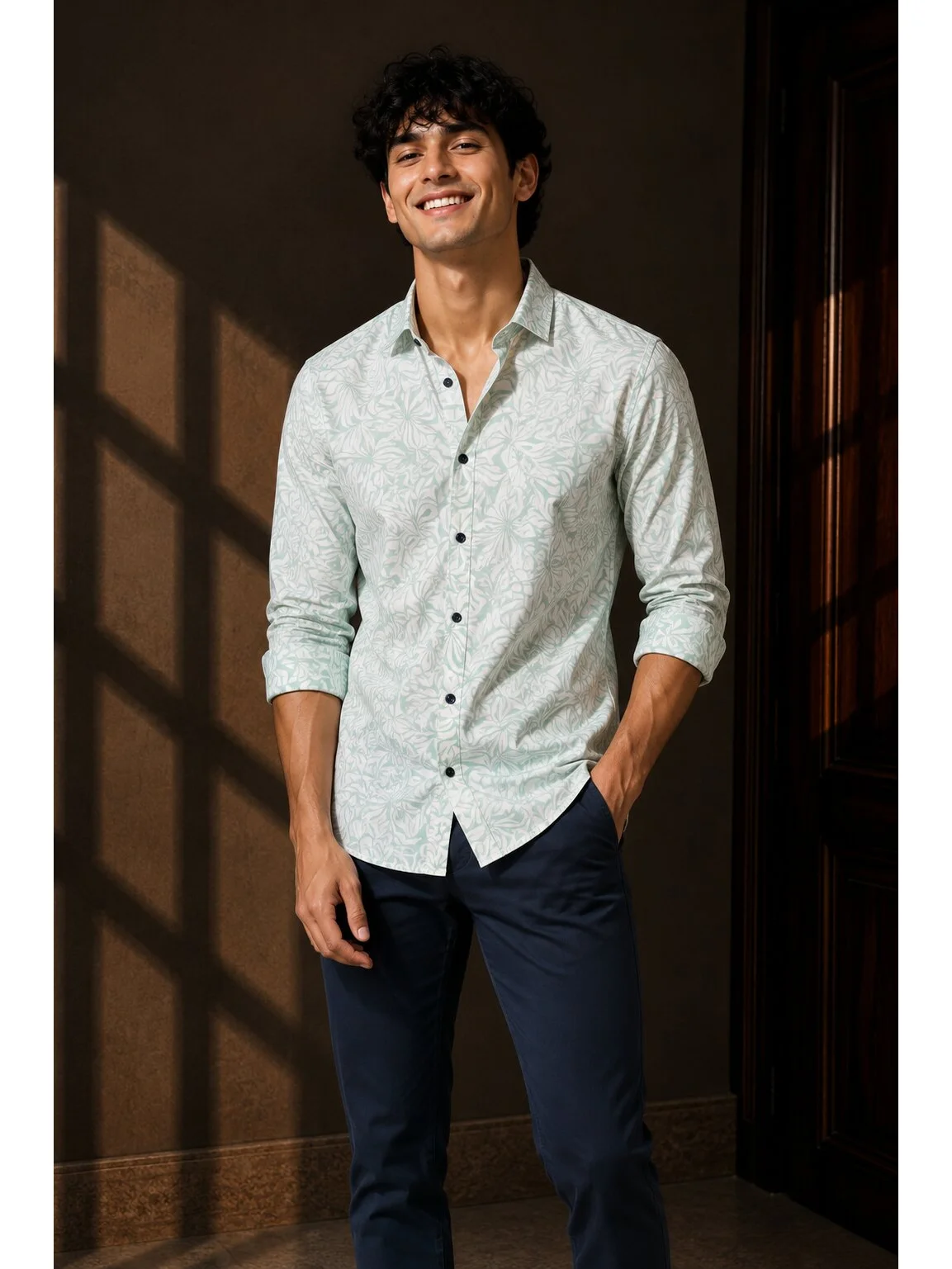 Cotton Blend Abstract Printed Regular Fit Shirt in Mint Green & White