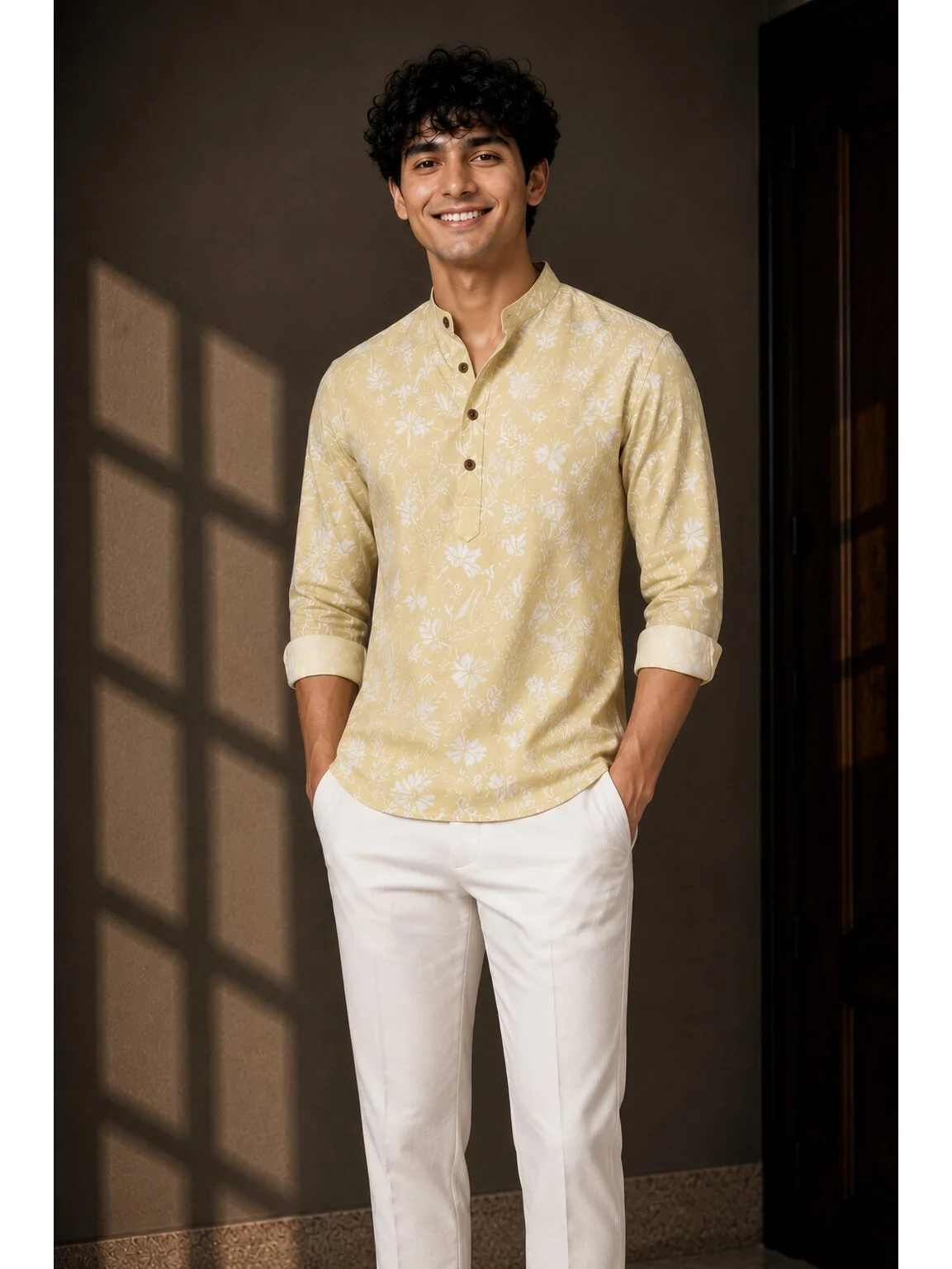 Linen Blend Abstract Stripe Regular Fit Short Kurta in Pastel Yellow
