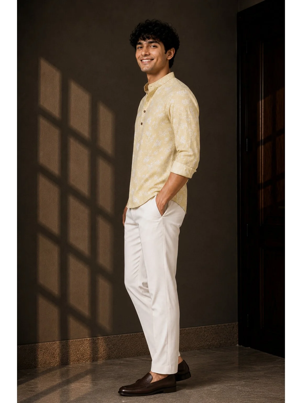 Model wearing pastel yellow short kurta with collar and white trousers, side view