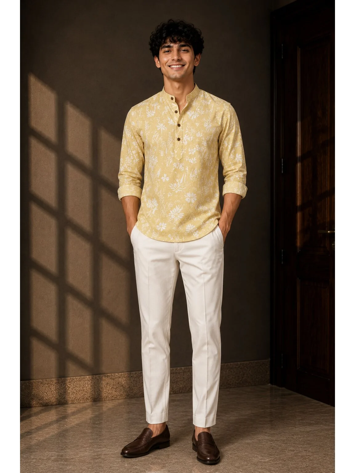 Model wearing yellow patterned short kurta with mandarin collar and white trousers, front view