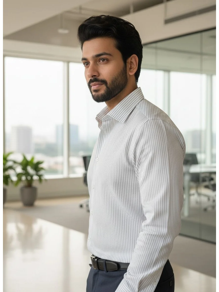 Model wearing a sky blue striped long-sleeve shirt with a collar, side view