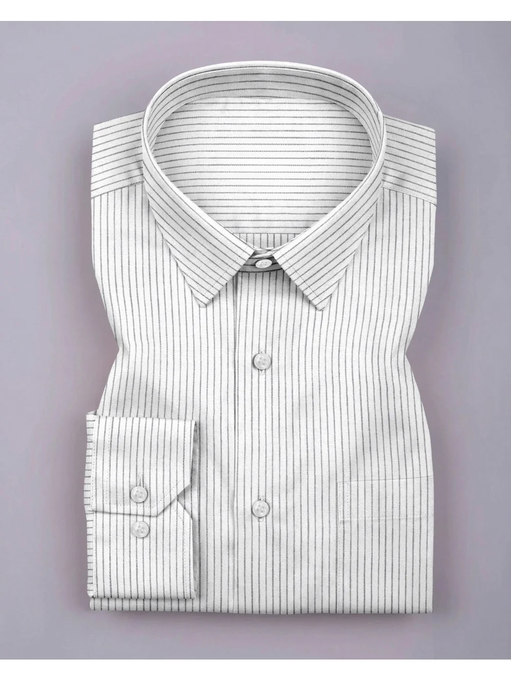 Folded white shirt with thin vertical black stripes, collar, button placket, cuffs, and pocket