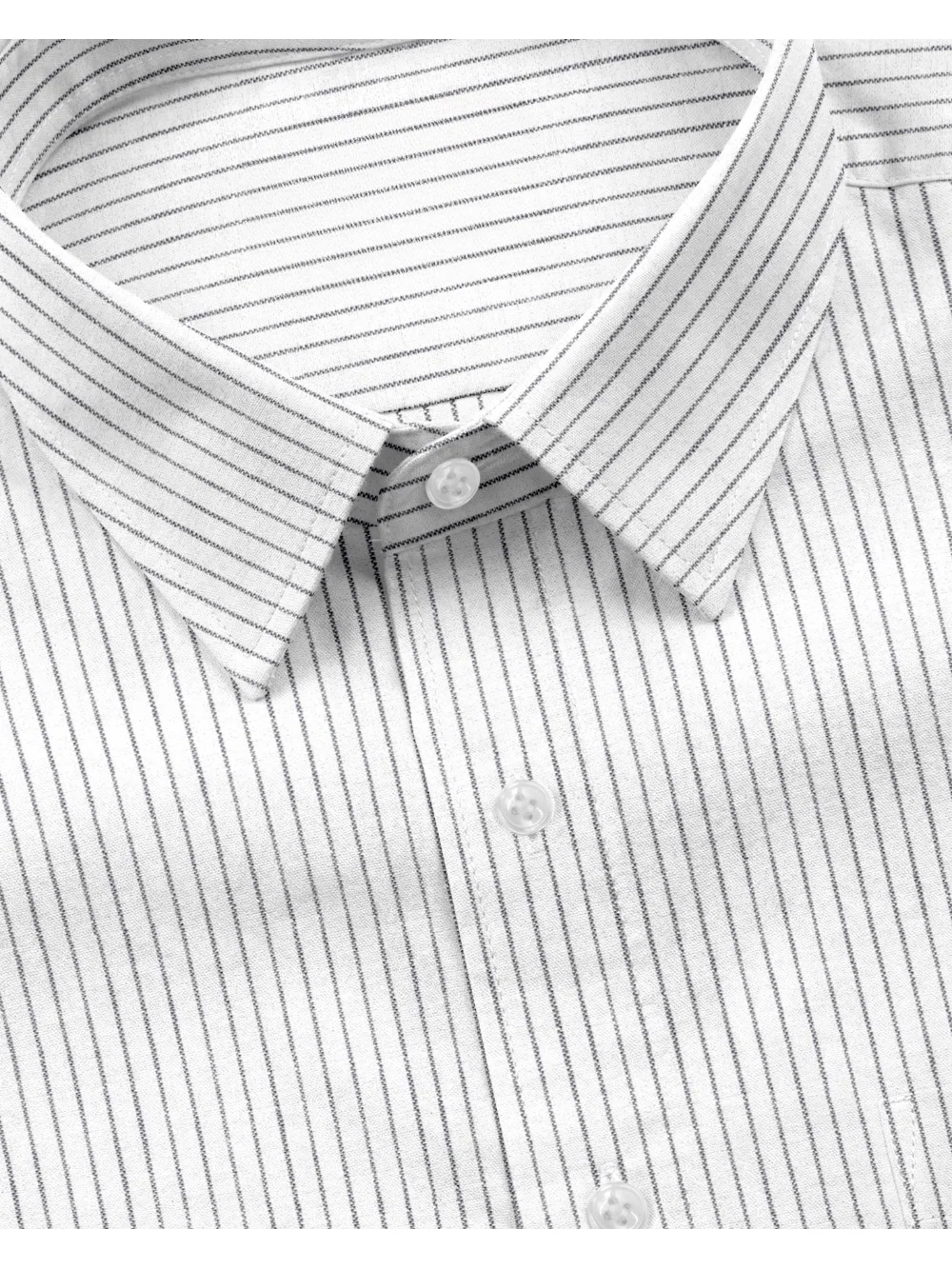 White shirt with thin dark stripes, collar and buttons visible, close-up