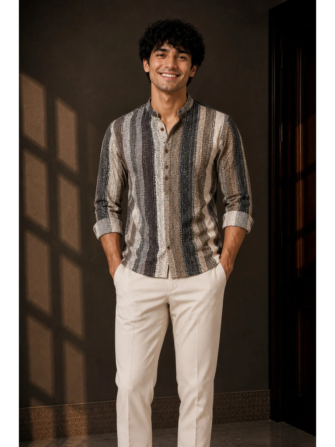 Model wearing navy blue and off-white striped short kurta with mandarin collar and full sleeves