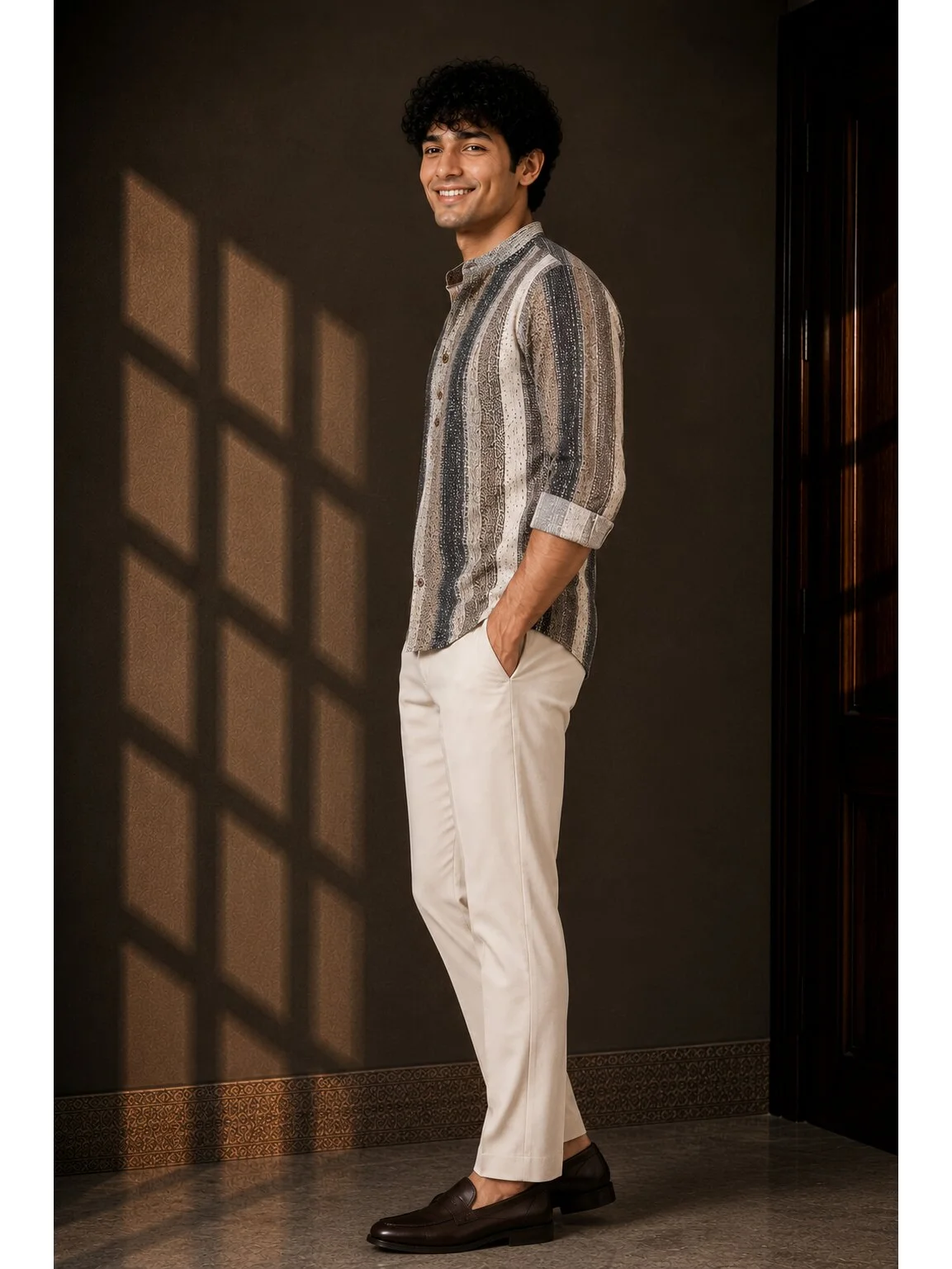 Model in profile view wearing a striped short kurta with mandarin collar and off-white trousers