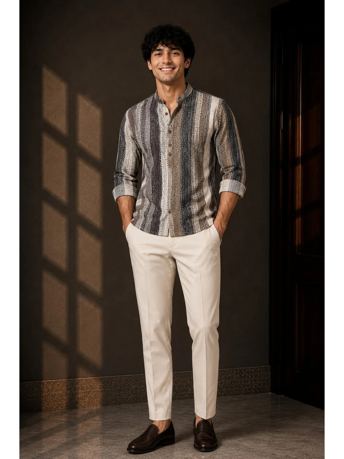 Model wearing a vertical striped short kurta with mandarin collar and off-white trousers