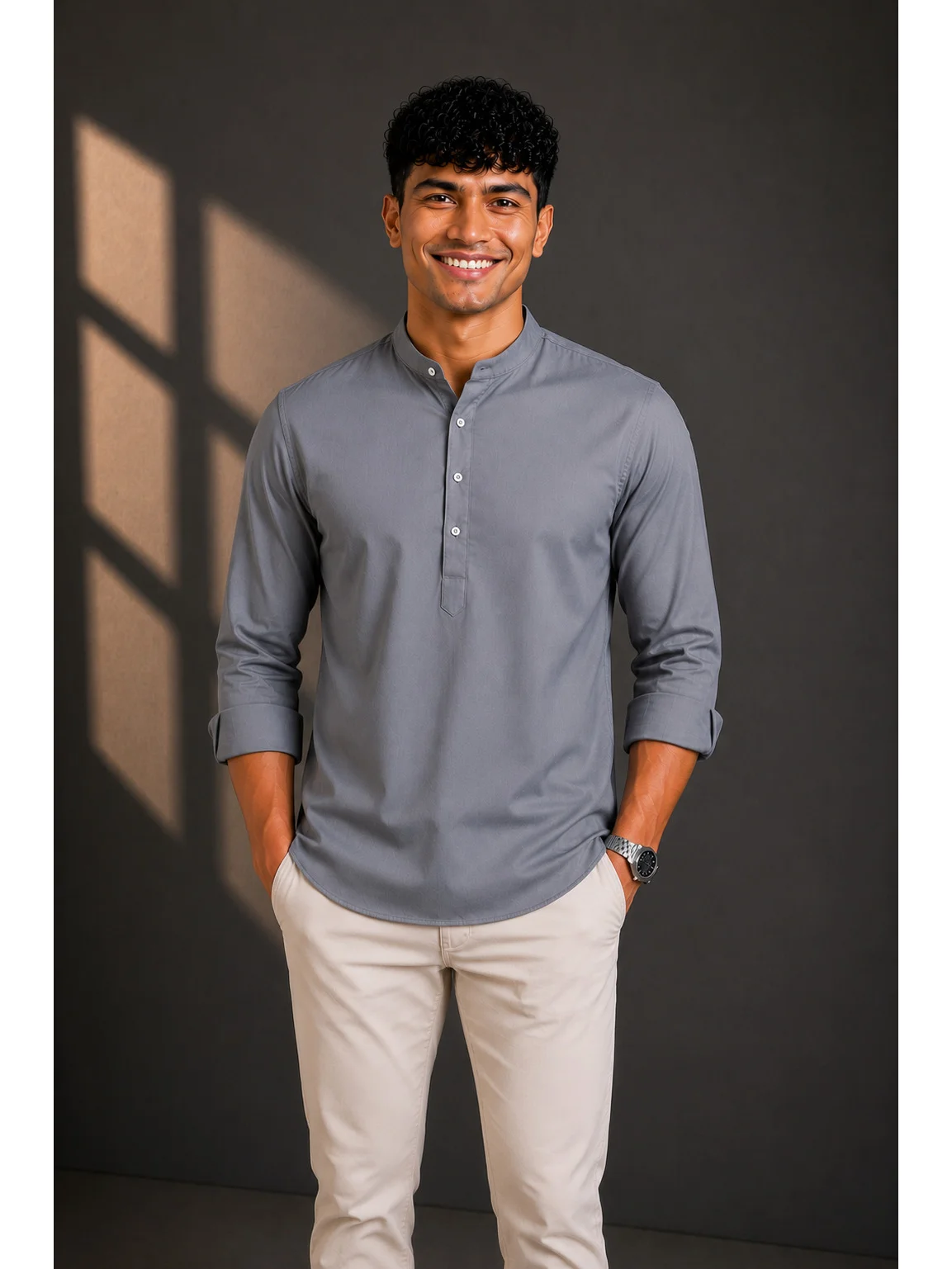 Cotton Blend Solid Regular Fit Short Kurta in Charcoal Grey