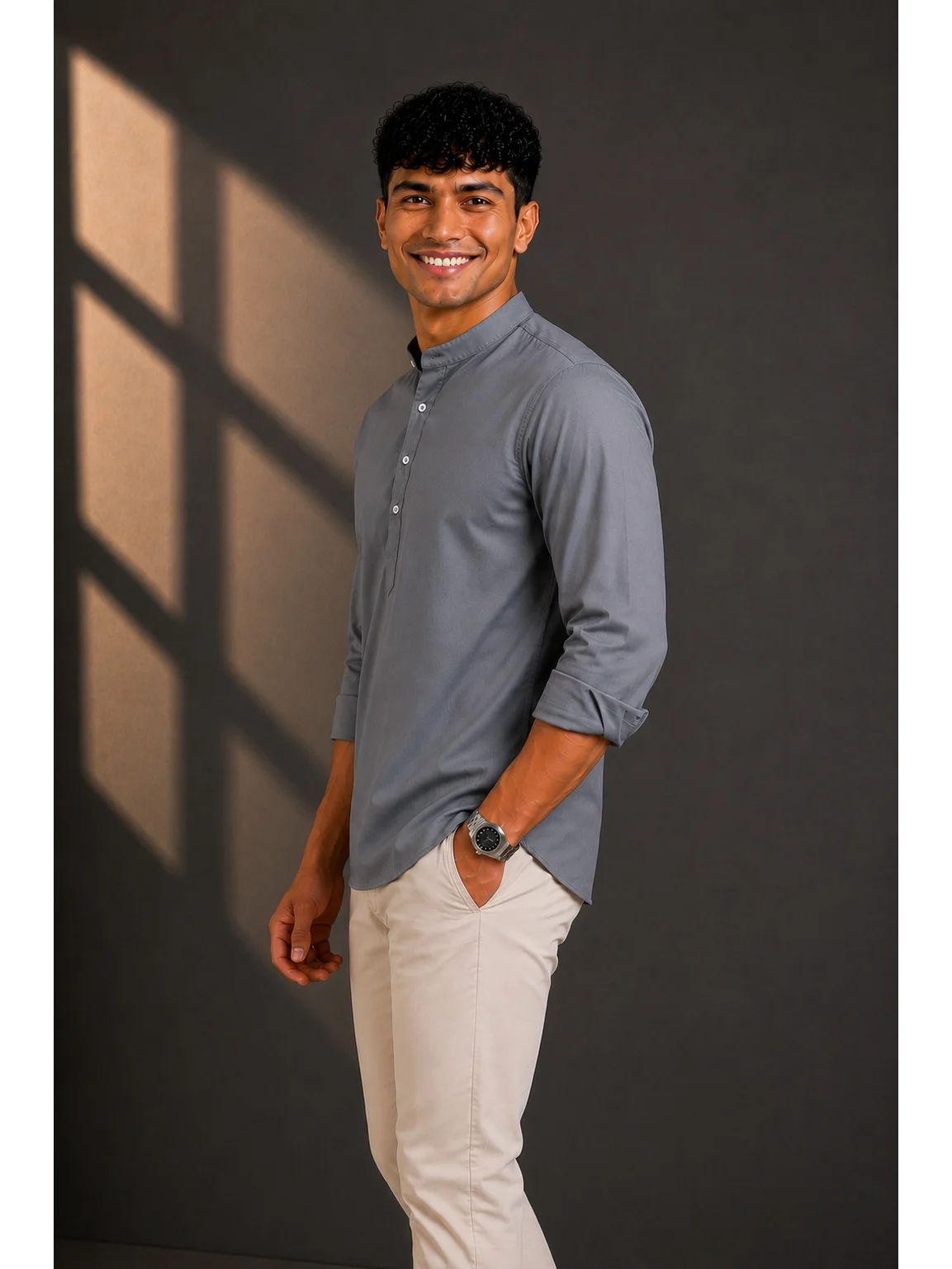 Charcoal grey short kurta with mandarin collar and rolled-up sleeves worn by a model, side view