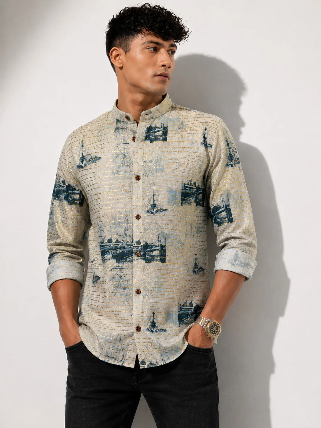 Linen Blend Abstract Print Regular Fit Shirt in Grey Blue