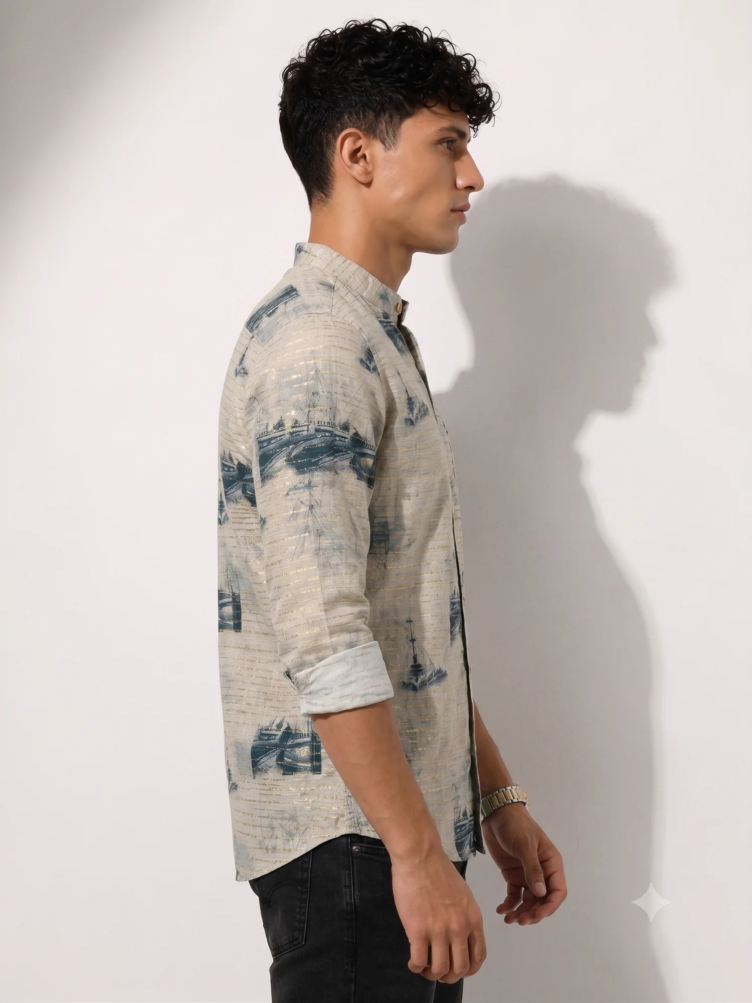 Shirt, light grey blue abstract print, side view, model, rolled sleeves, collar up