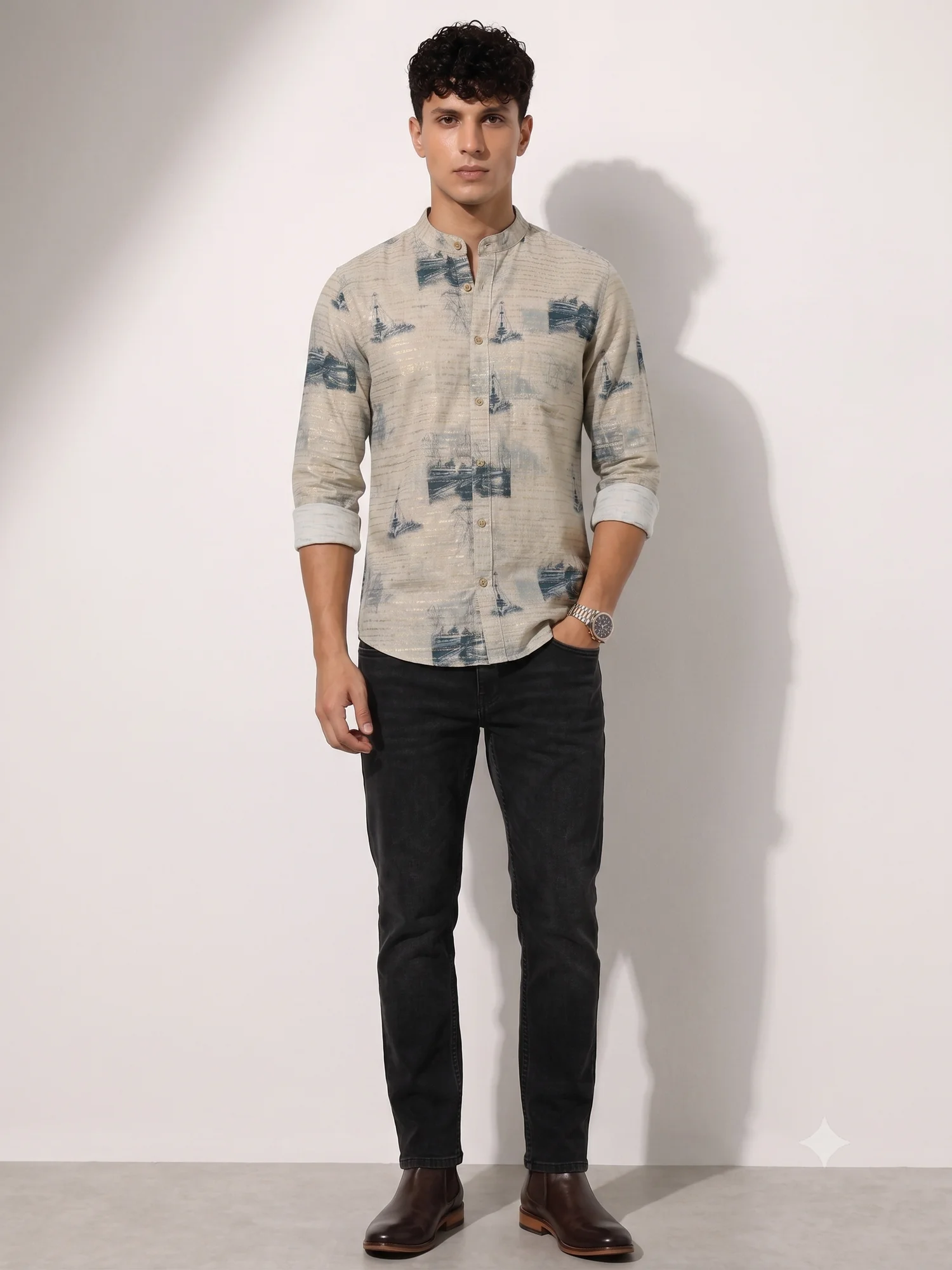 Shirt, light grey with blue abstract print, worn by model, front view, rolled sleeves, mandarin collar, buttons