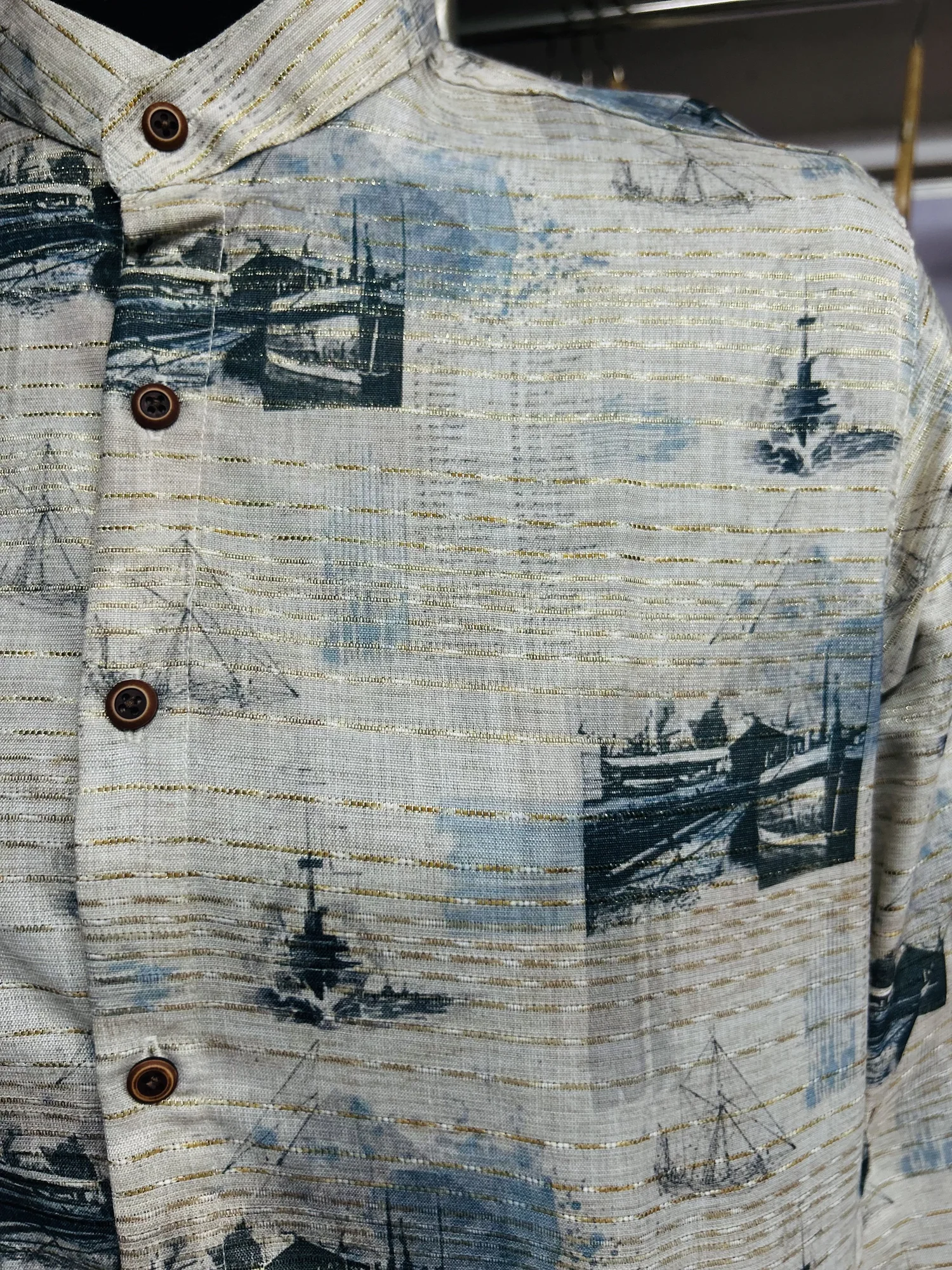 Shirt, grey blue, abstract print, buttons, collar, close-up
