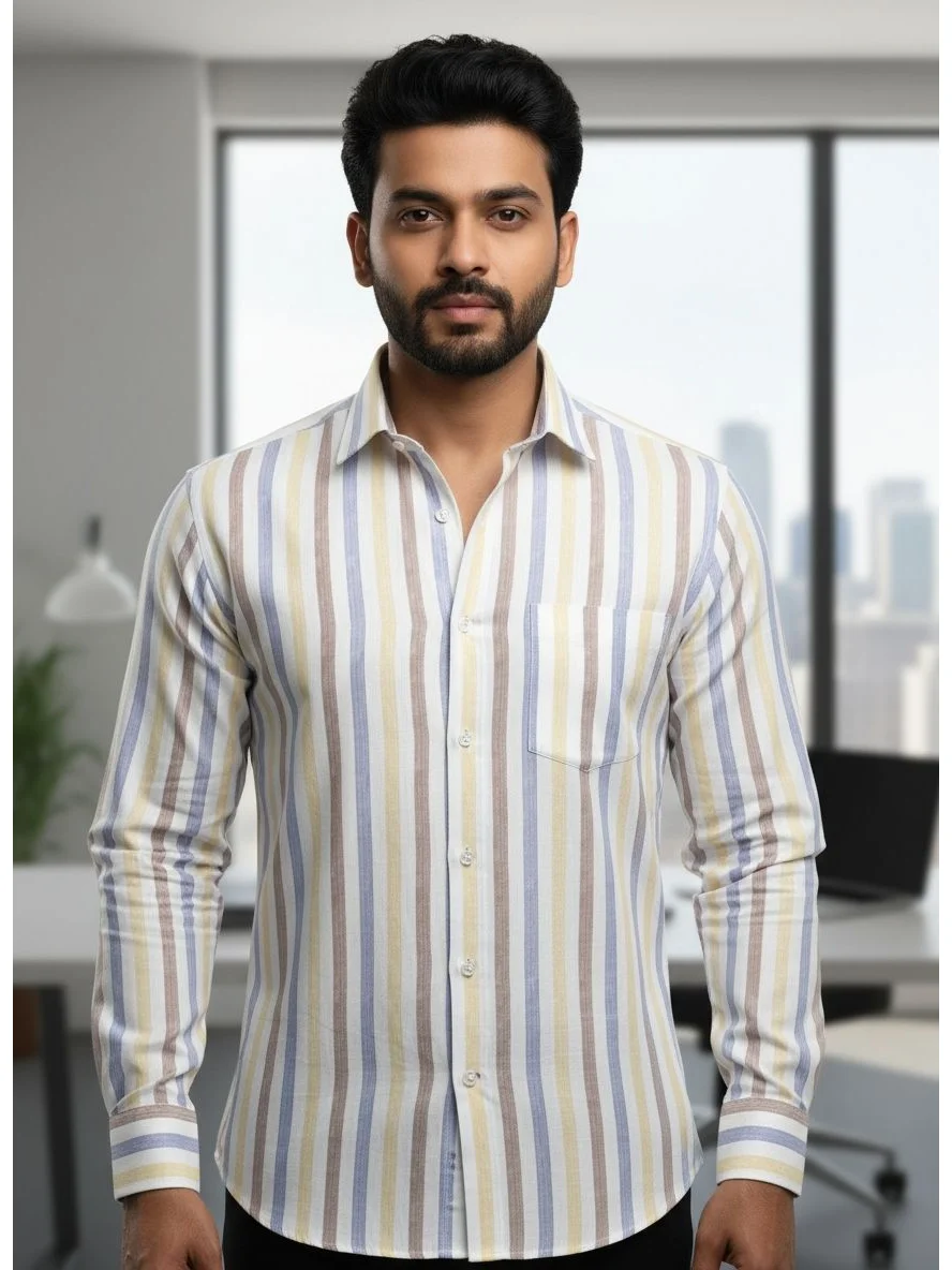 Front view of a model wearing a multi-coloured vertical striped long-sleeve shirt with a pointed collar and chest pocket