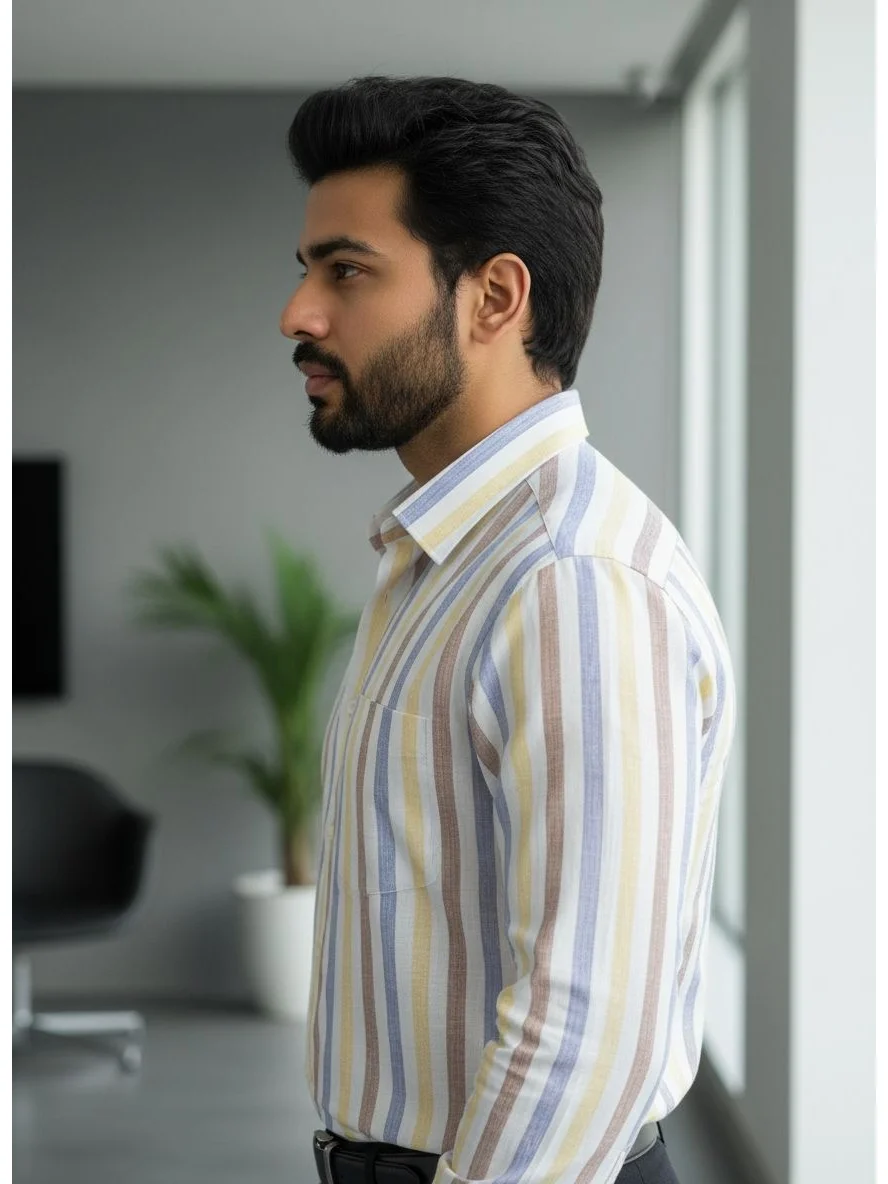 Side view of a man wearing a multicolored striped long-sleeve shirt with a collar and chest pocket