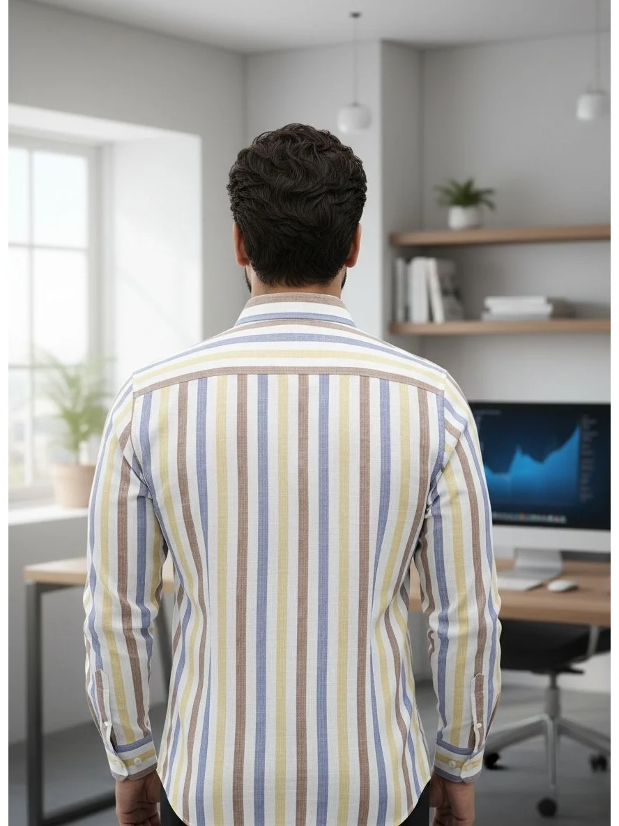 Back view of a model wearing a multi-coloured striped full-sleeve shirt
