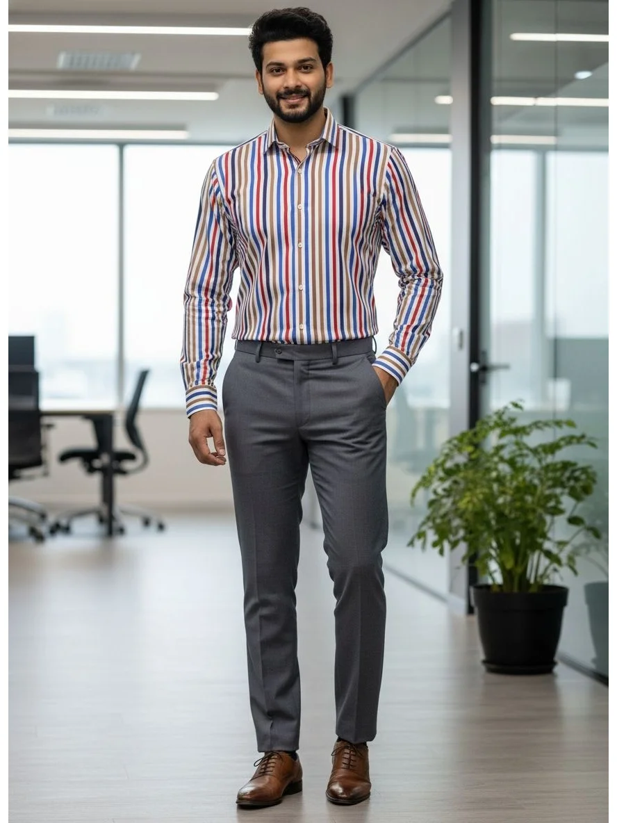 Long sleeved shirt, multicoloured stripes, collar, buttons, worn by a model