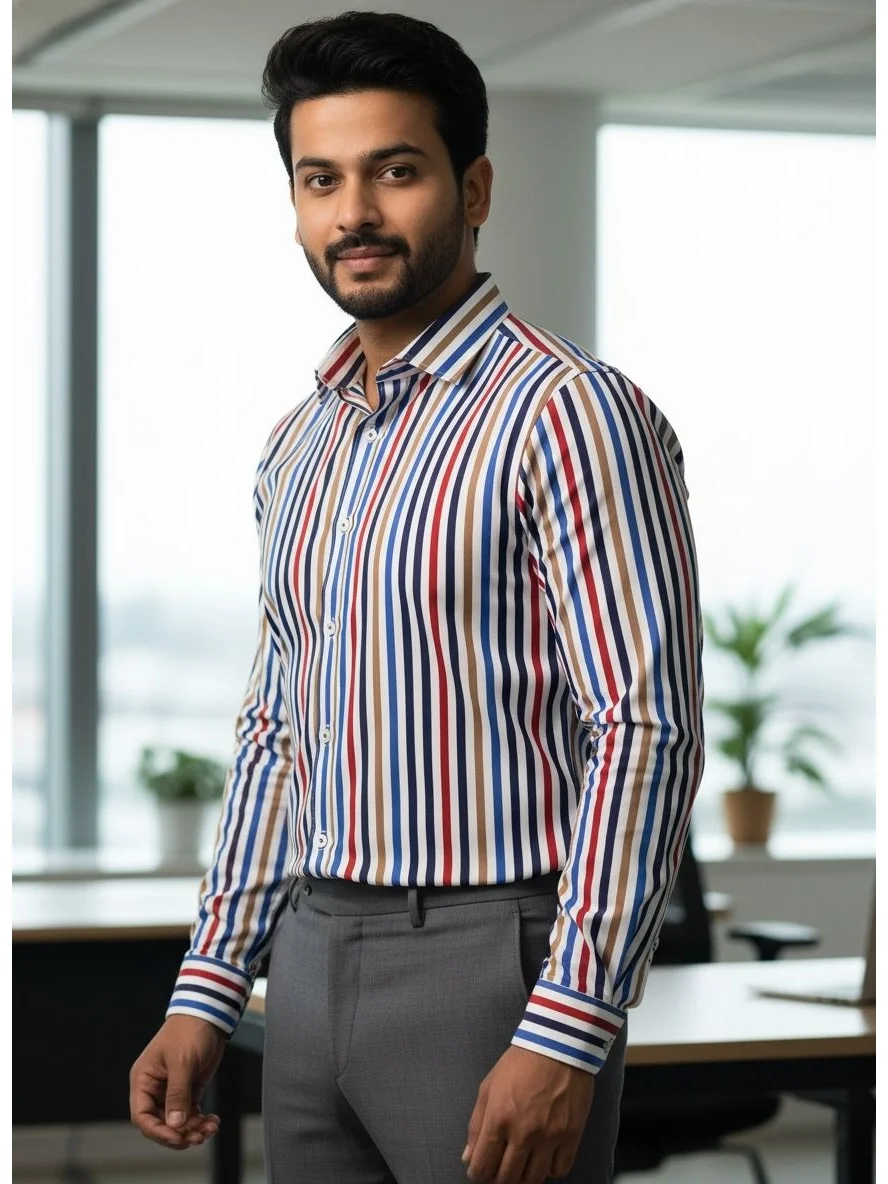 Long sleeved collared shirt, multi-coloured stripes, worn by a model