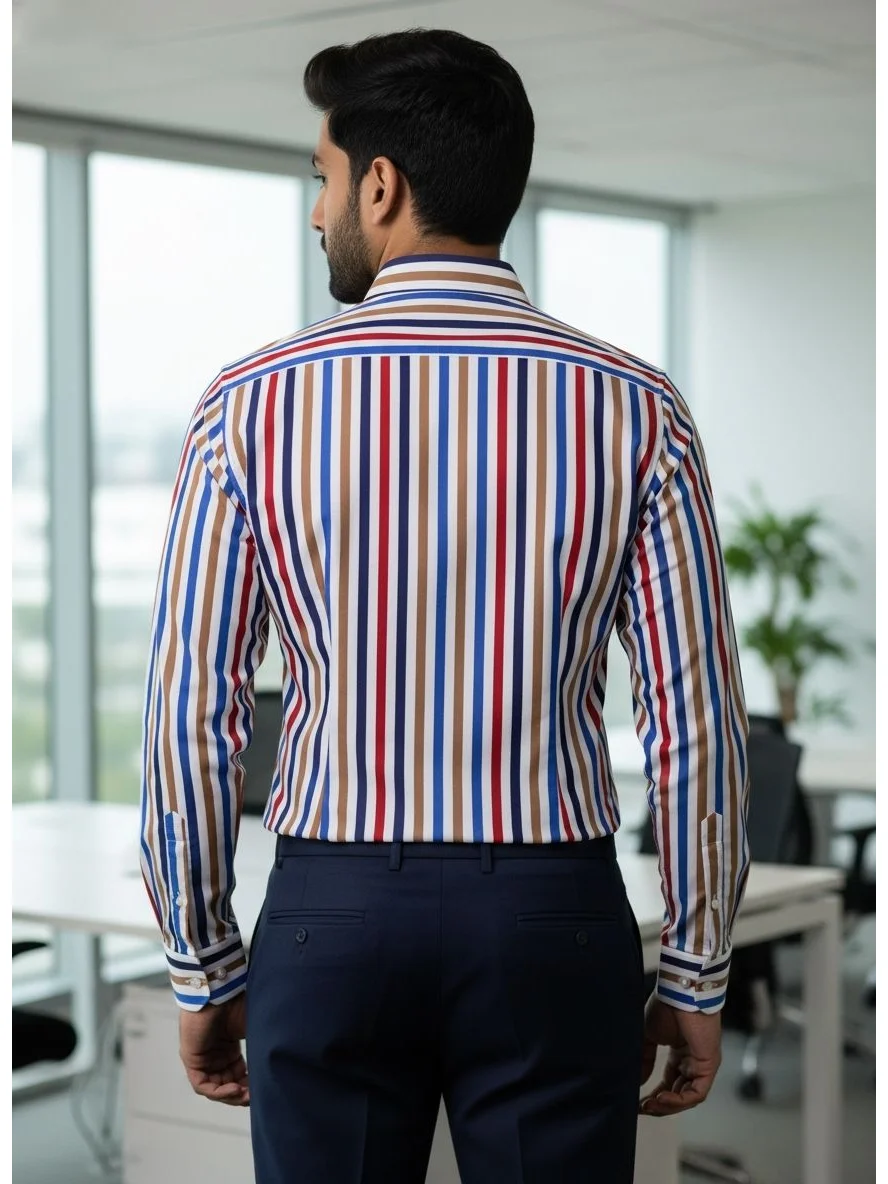 Long sleeved shirt, red, blue, brown, and white stripes, back view, worn by a model