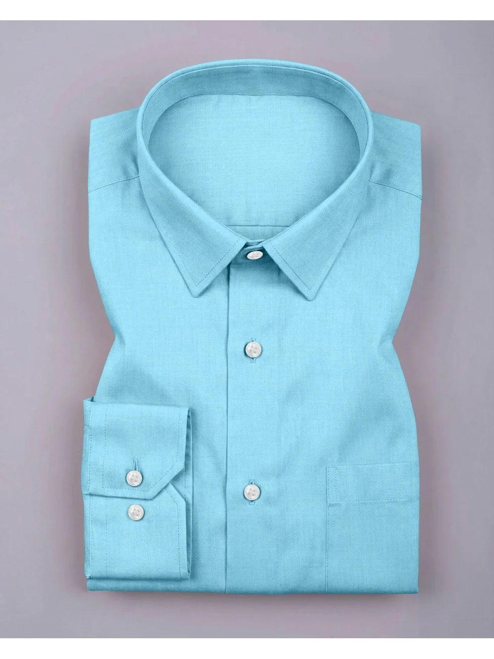 Light blue dress shirt, folded, with collar, buttons, cuffs, and pockets