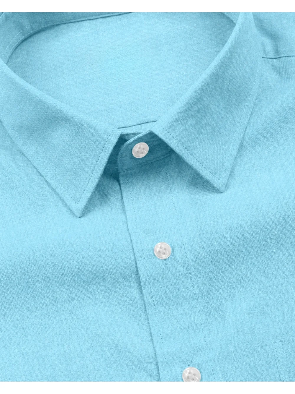 Light blue shirt, collar and buttons visible, close-up view