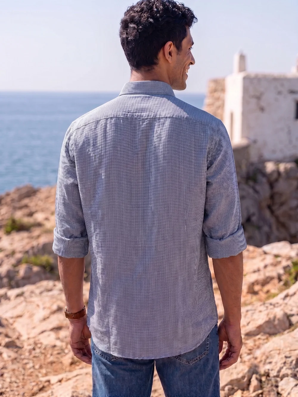 Long sleeve shirt, blue and white check, back view, worn by a model