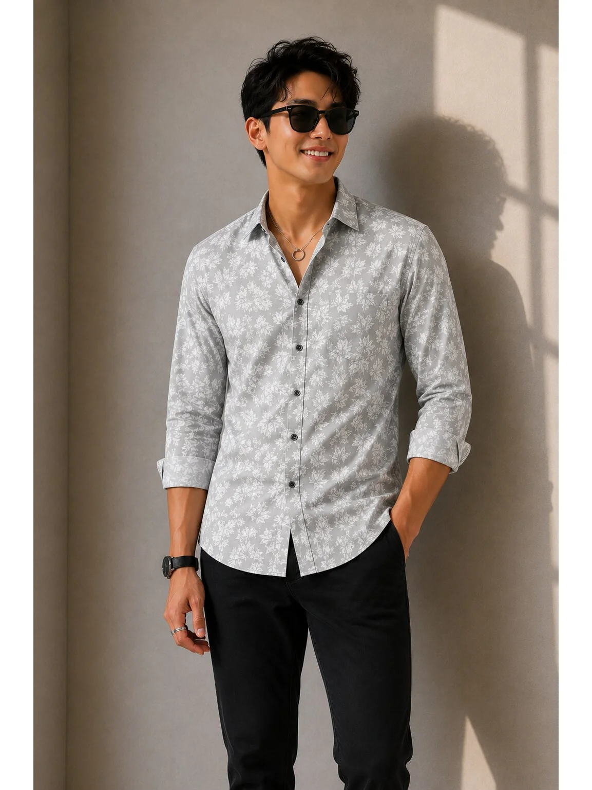 Cotton Blend Abstract Printed Regular Fit Shirt in Grey & White