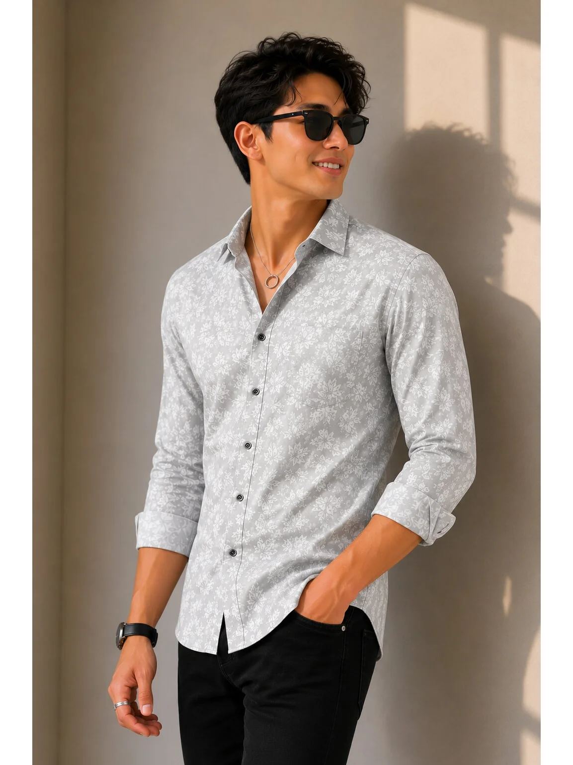 Grey and white patterned shirt, front view, worn by a model, collar open, buttons down, sleeves rolled up, one hand in pocket