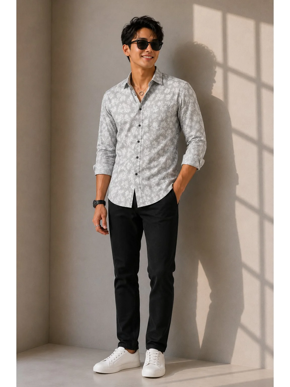 Grey and white patterned shirt, front view, worn by a model, collar open, buttons down, sleeves rolled up, black buttons