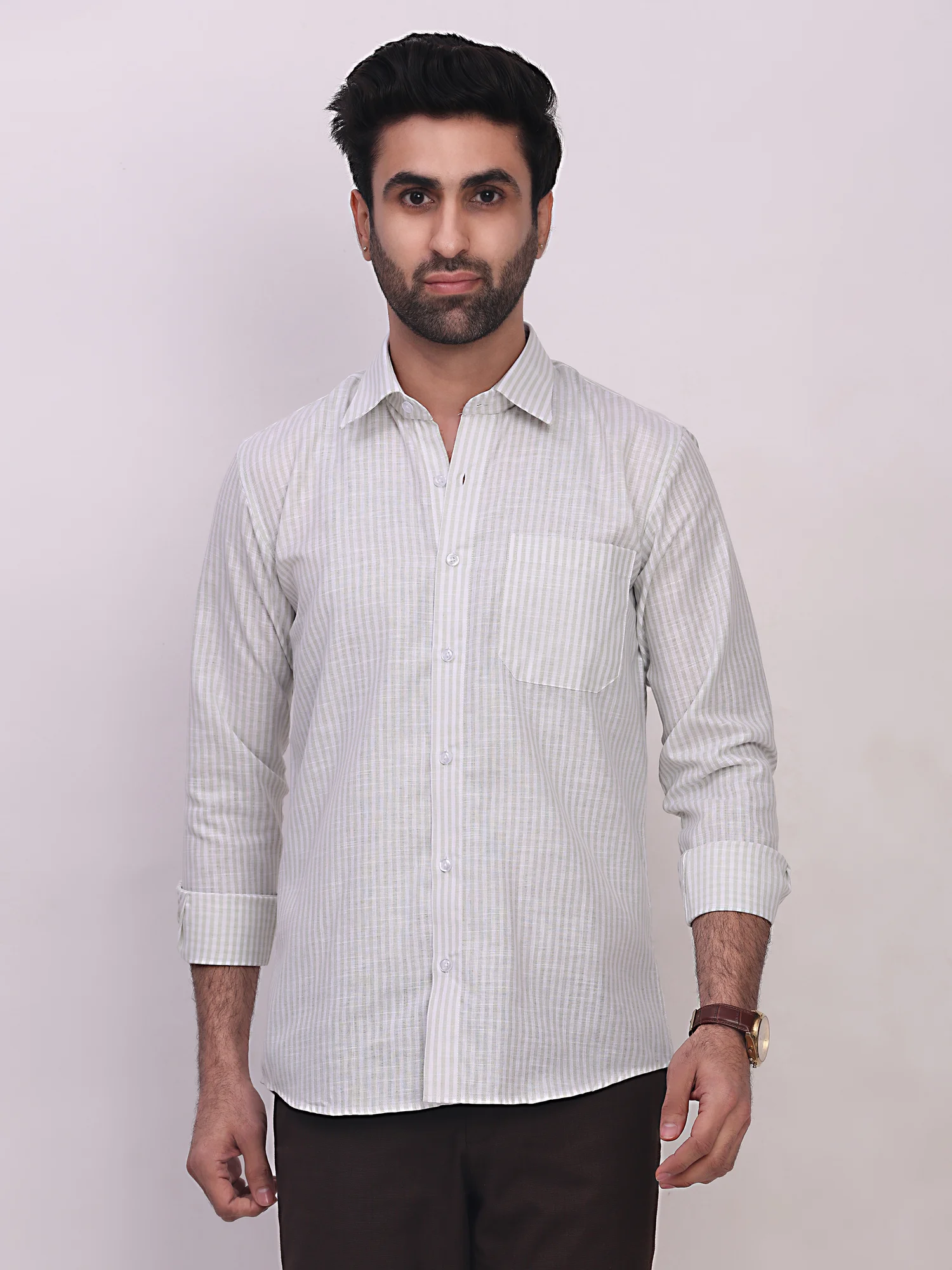 Linen Blend Striped Regular Fit Shirt in Green