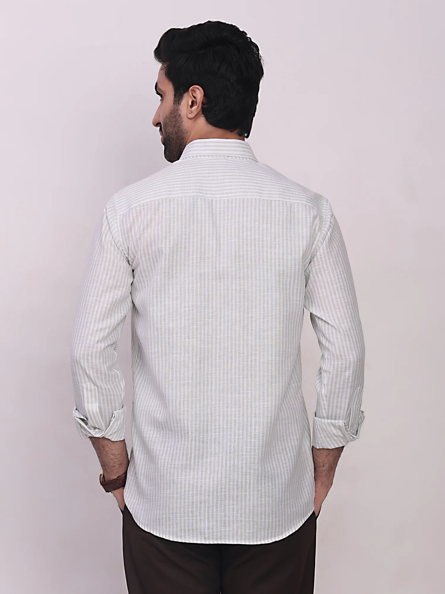 White and light green striped shirt, back view, on model, long sleeves, point collar