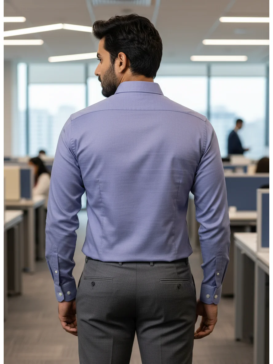 Light blue dress shirt, back view, worn by a model, point collar, long sleeves