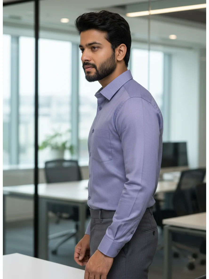 Light purple dress shirt, collar, long sleeves, buttoned cuffs, side view, worn by a model