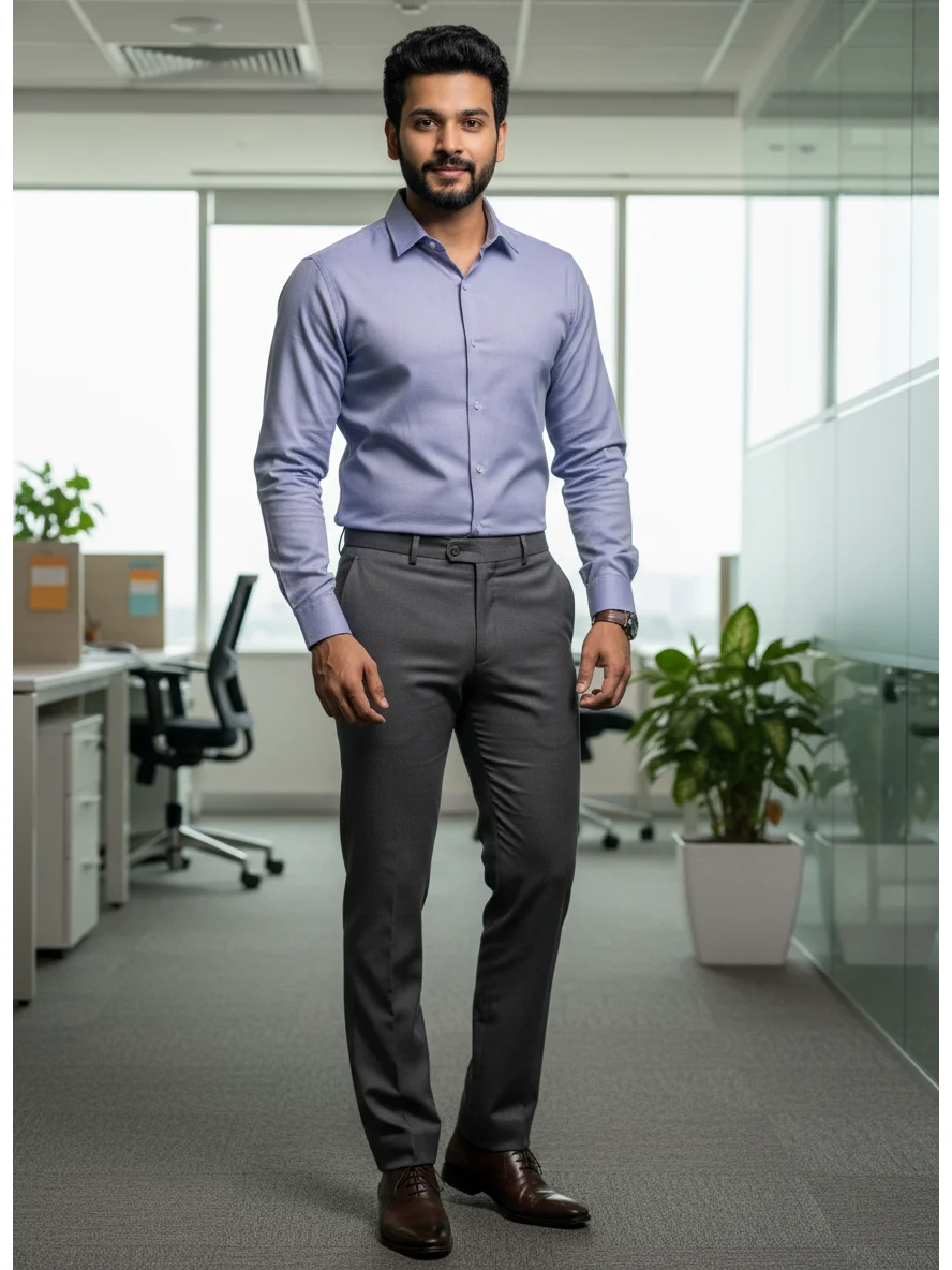 Light blue dress shirt, front view, worn by a model, collar, buttons, long sleeves