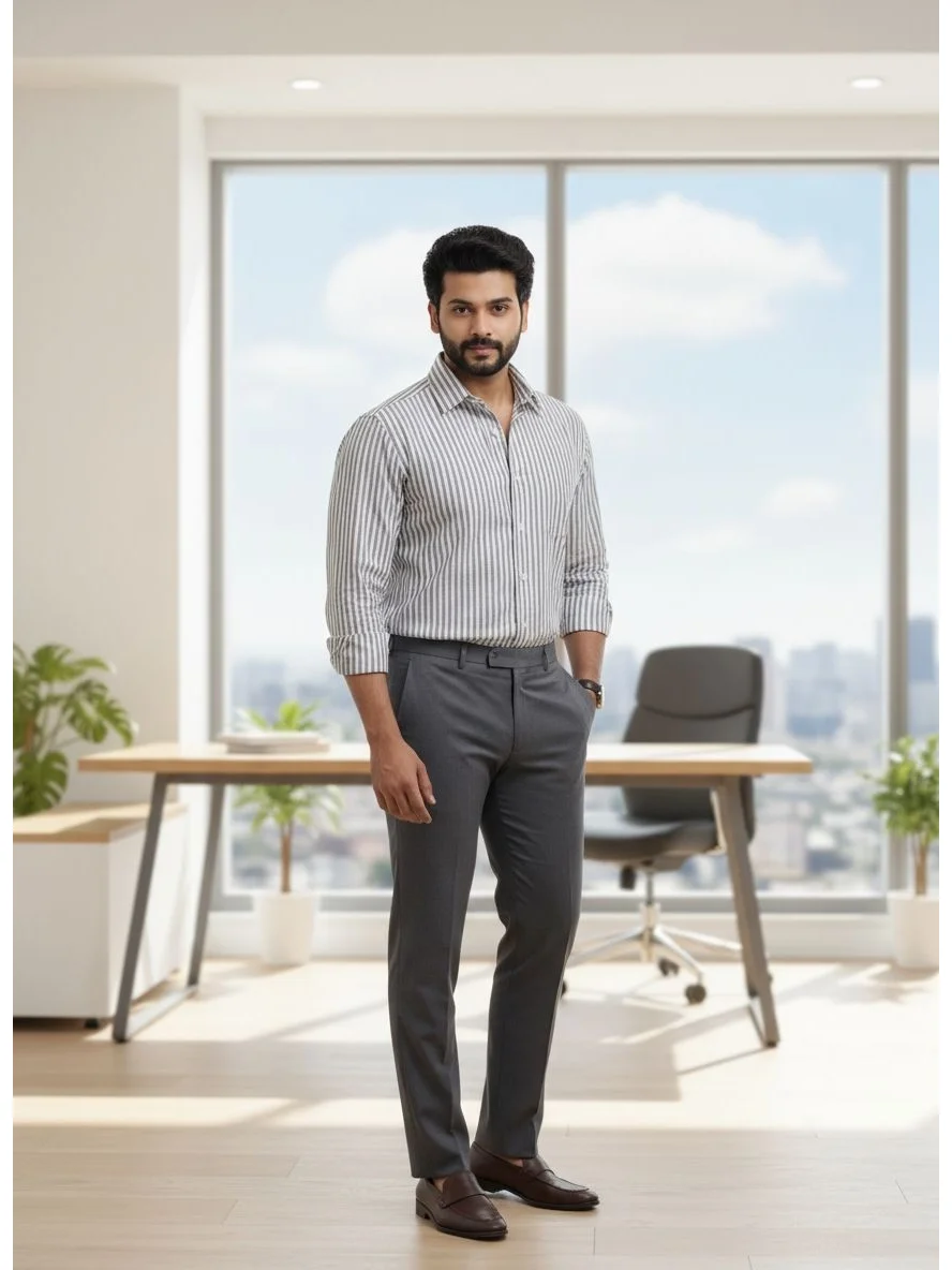 Striped Cotton Linen Regular Fit Shirt in Grey 2