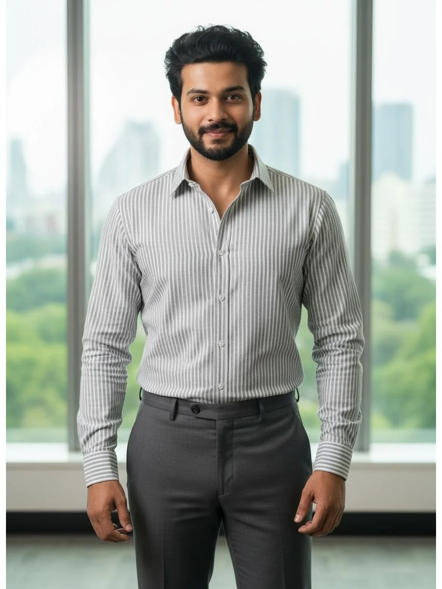 Front view of a model wearing a grey and white striped full-sleeve shirt with a buttoned placket and collar