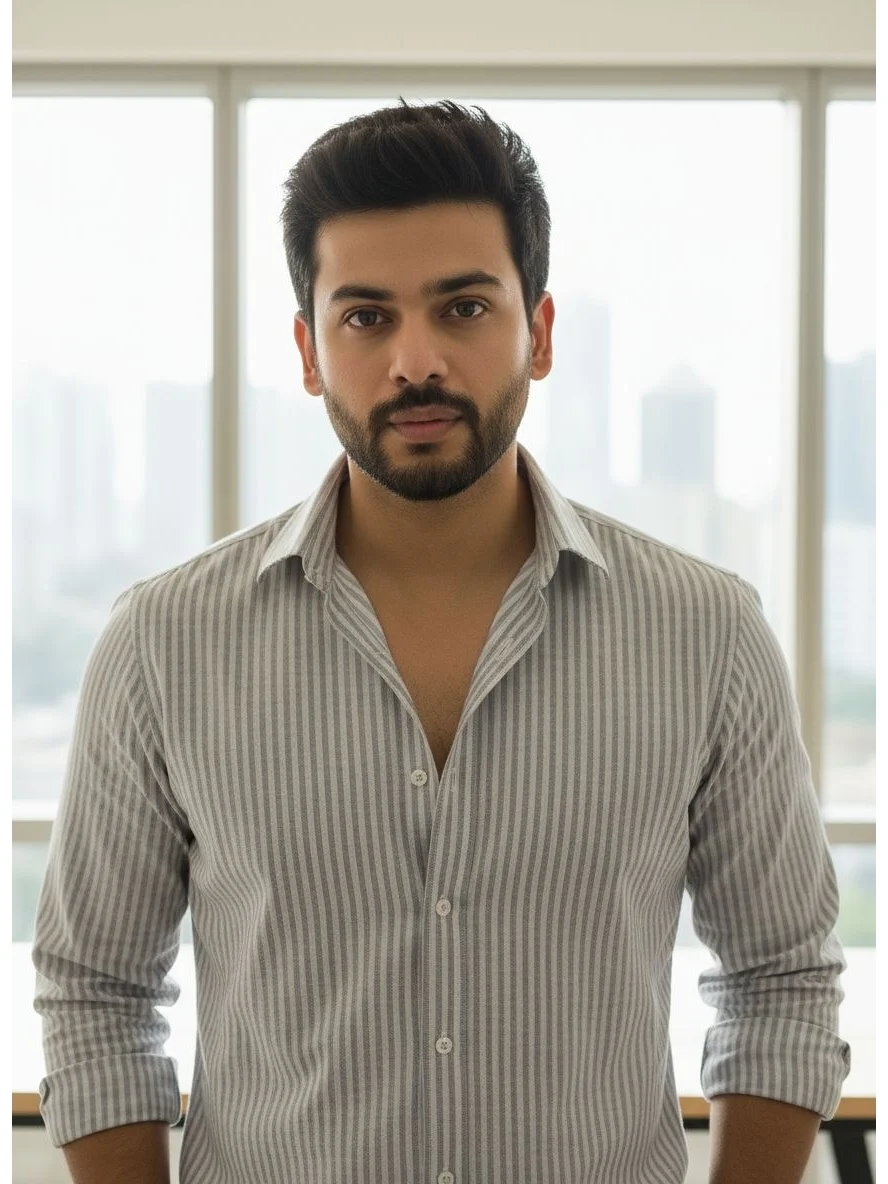 Front view of a model wearing a grey and white striped shirt with full sleeves and a pointed collar