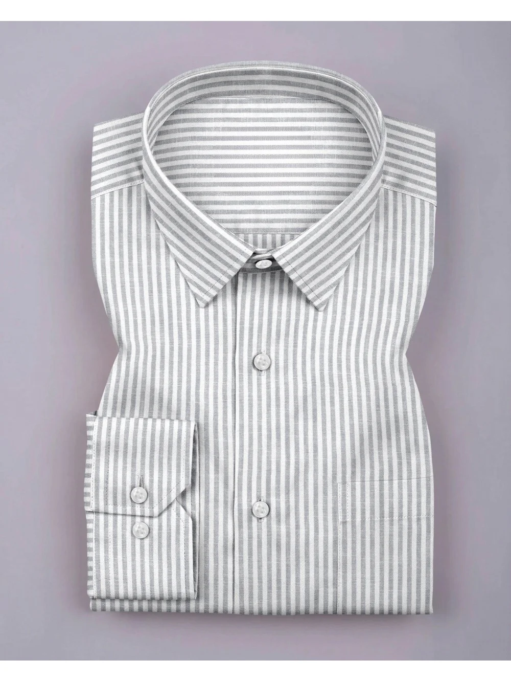 Folded grey and white striped men's shirt with collar and button cuffs