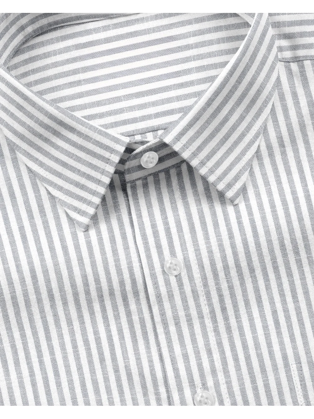 Grey and white striped shirt, collar and buttons visible, close-up