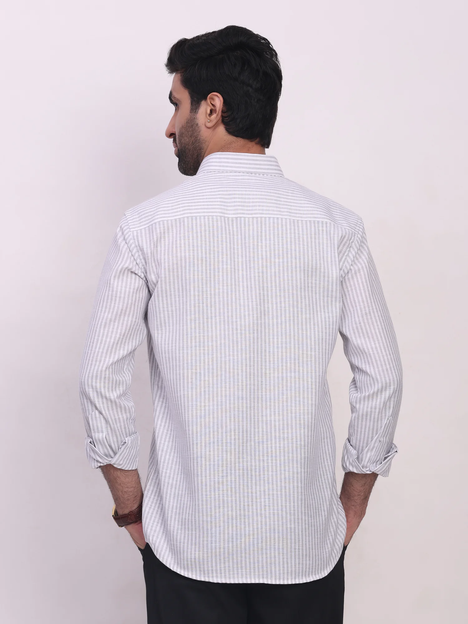 Grey and white striped shirt, back view, collar, long sleeves, cuffed