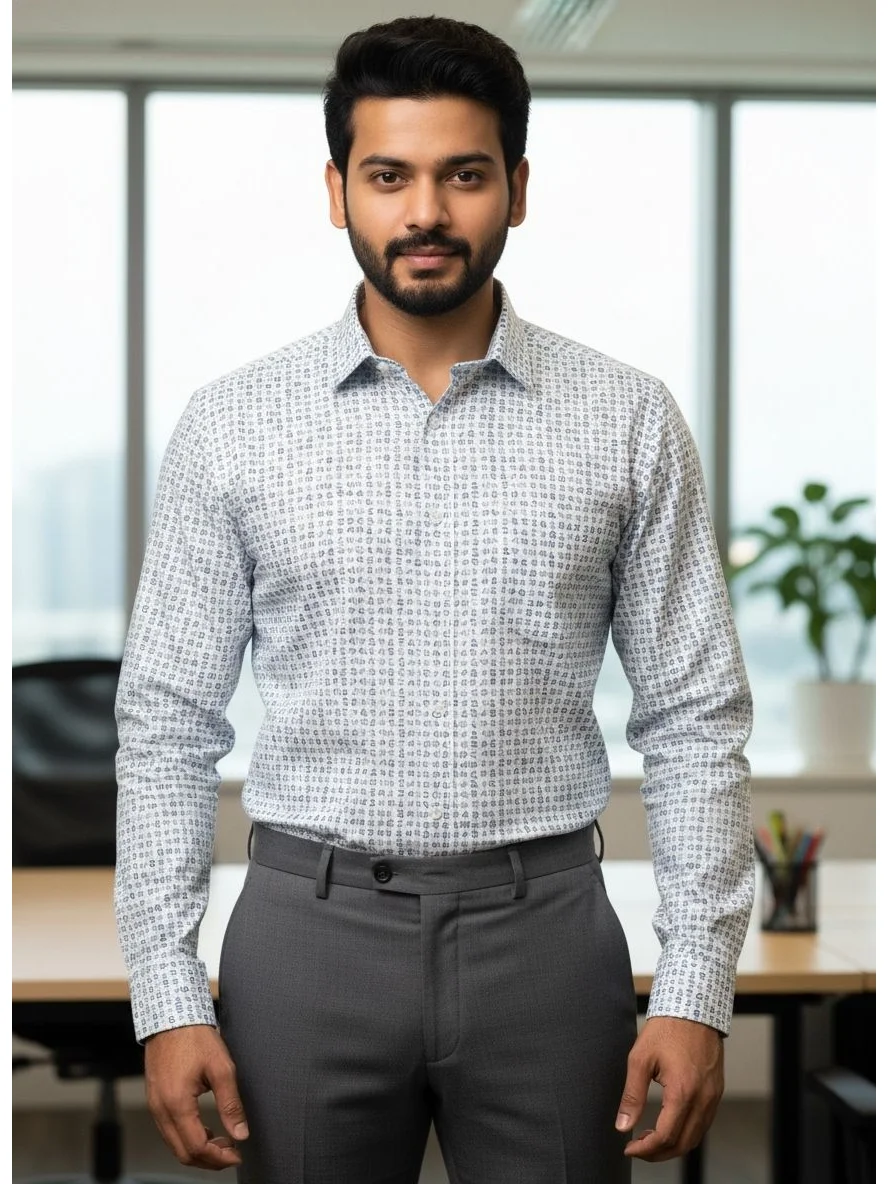 Front view of a model wearing a long-sleeve white shirt with a small blue geometric print, collar, buttons, and grey trousers