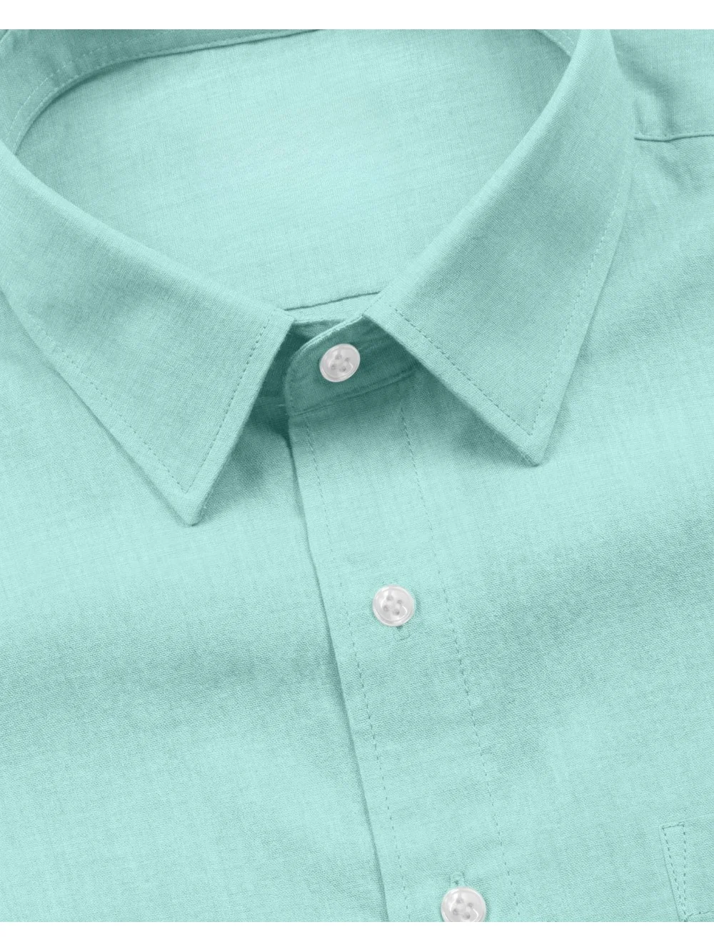 Close-up view of a light green shirt collar with white front buttons