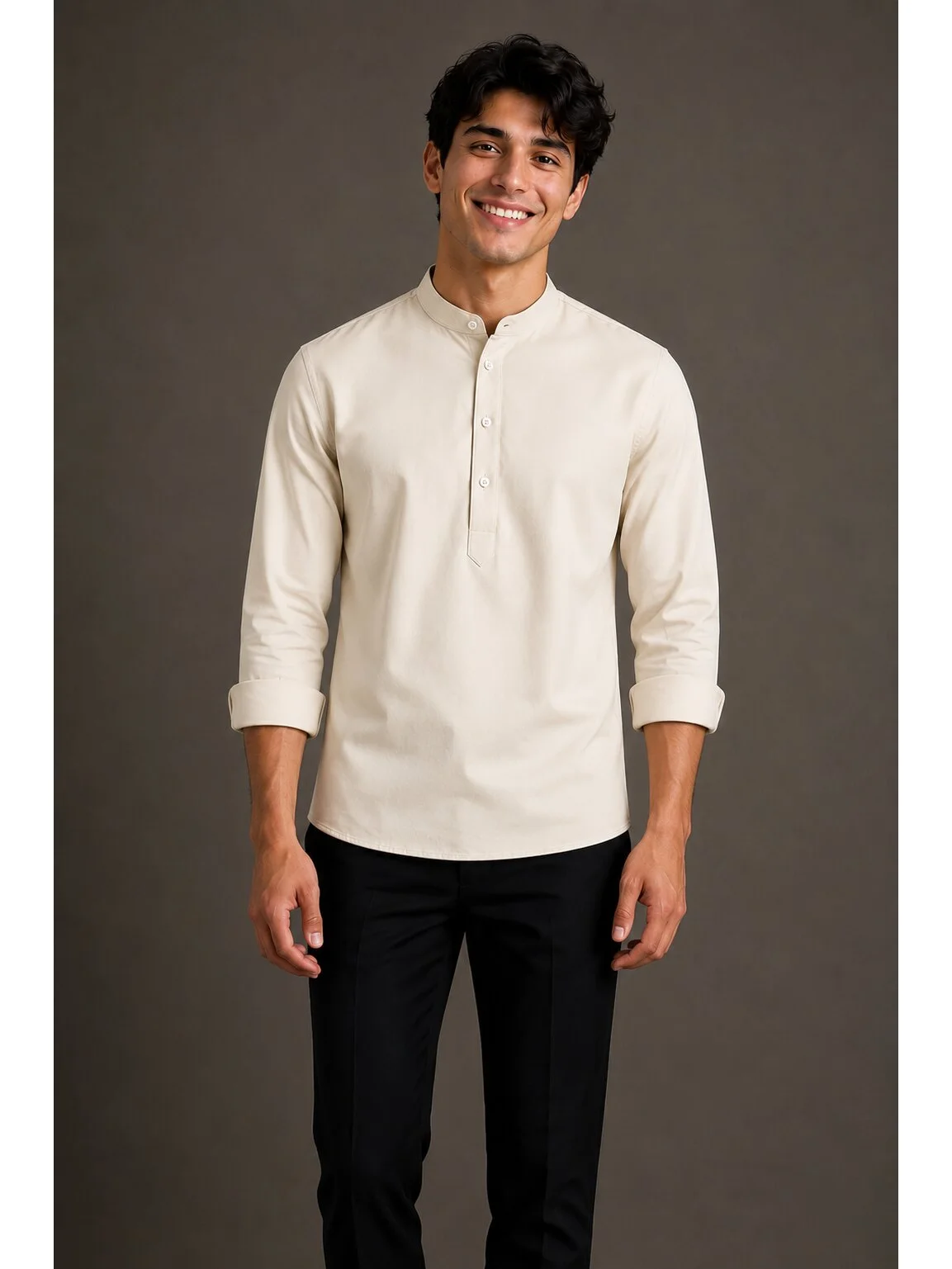 Cotton Blend Solid Regular Fit Short Kurta in Light Beige