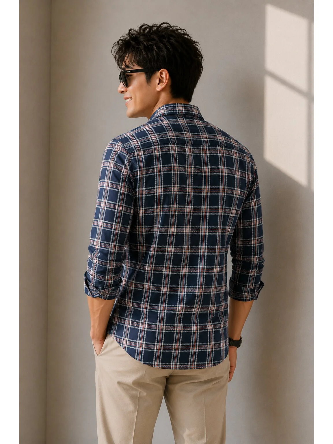 Shirt, navy blue, red and white check, back view, worn by model