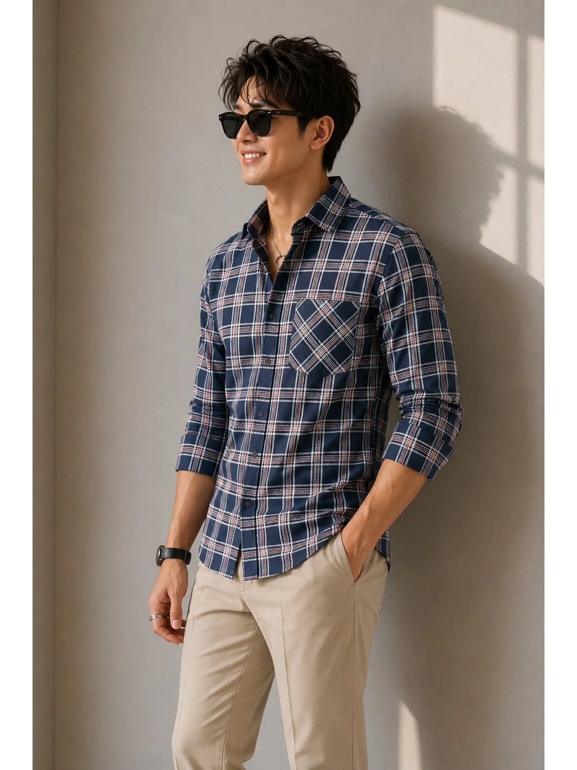Navy blue, red, and white checkered shirt, collar, buttoned front, one chest pocket, three-quarter sleeves, worn by a model