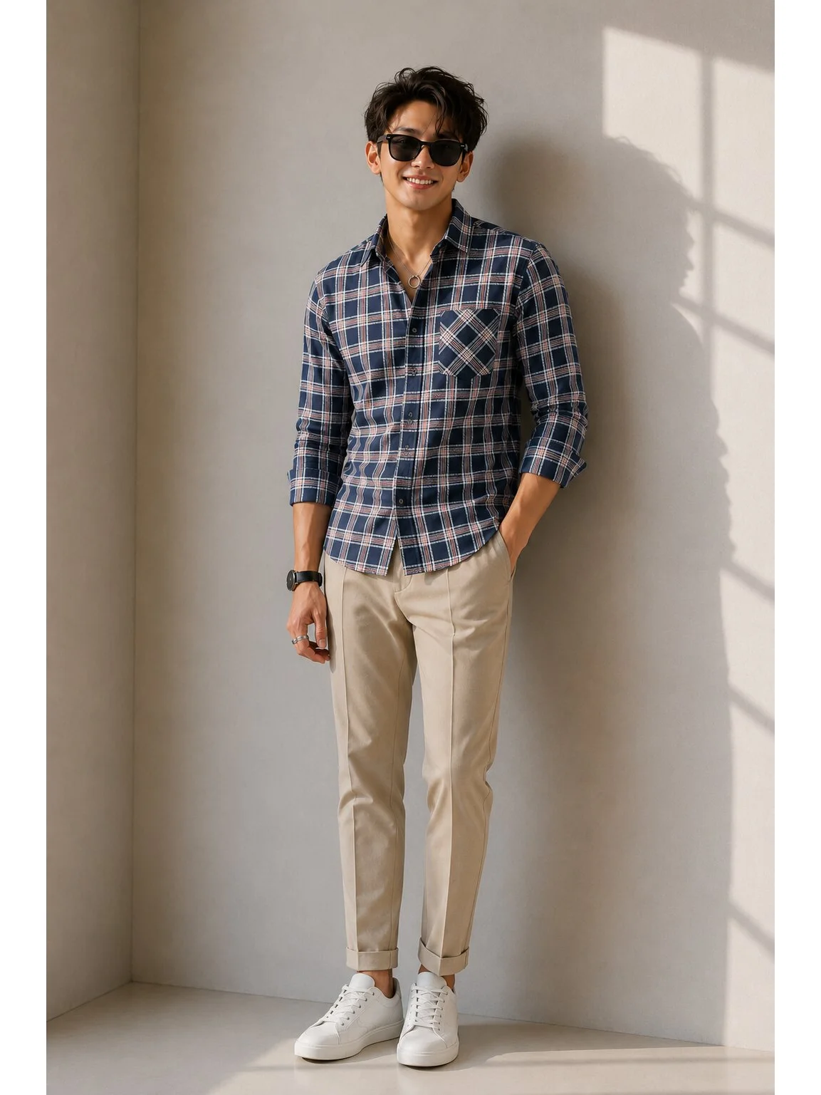Long sleeve shirt, navy blue and red check pattern, worn by a model