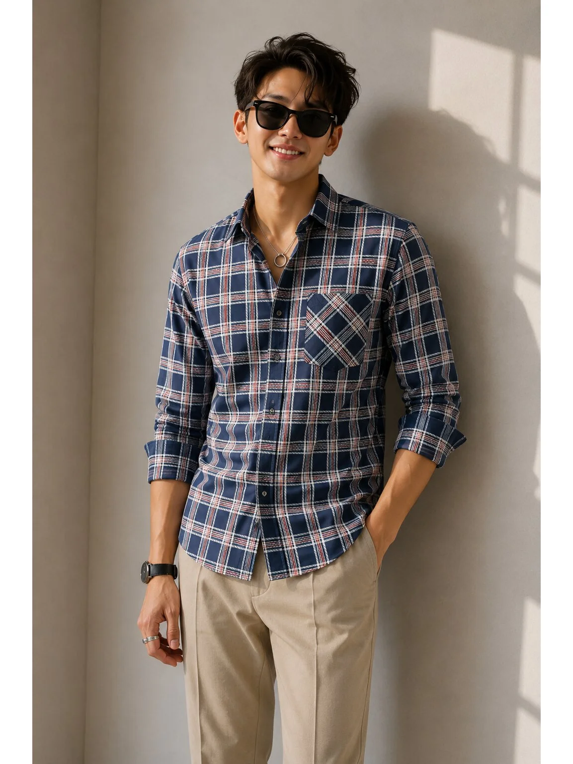 Linen Blend Checkered Regular Fit Shirt in Navy Blue & Red